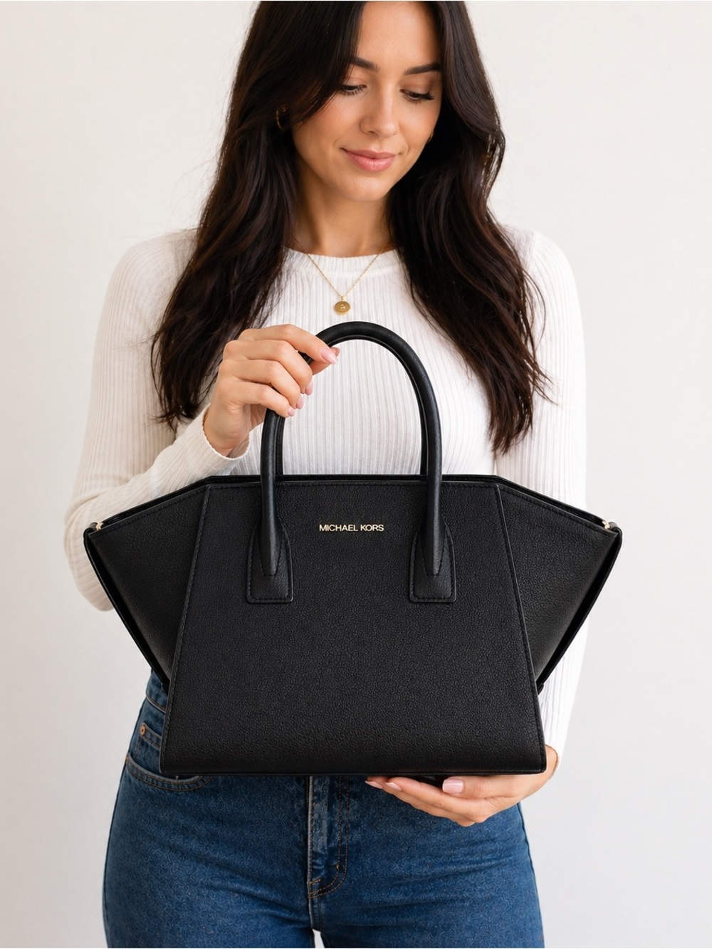 Michael Kors Black Pebbled Leather Satchel Crossbody Bag Gold Large